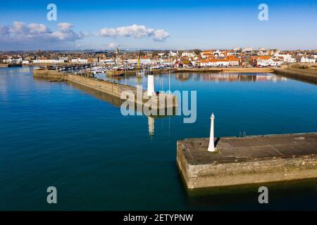 Aerial view from drone of harbour at Anstruther fishing village in East Neuk of Fife, Scotland, UK Stock Photo