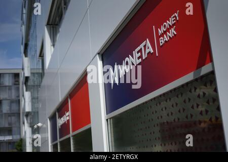 Prague, Czech Republic - August 8 2019: Branch of Moneta Money Bank with new logo Stock Photo