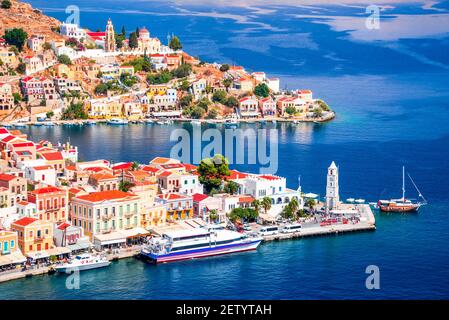 Symi Island, Greece. Greece islands holidays vacation travel tours from Rhodos island in Aegean Sea. Stock Photo