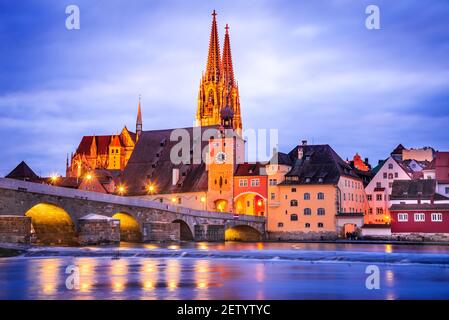 Regensburg, Germany, historical Stone Bridge, Bridge tower and ...