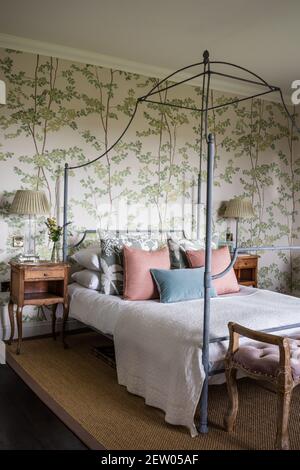 Lewis and Wood Beech wallpaper with vintage four poster in off-grid