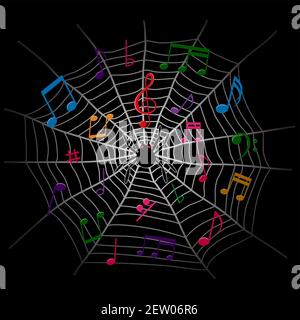 music notes and spider web dark background Stock Vector