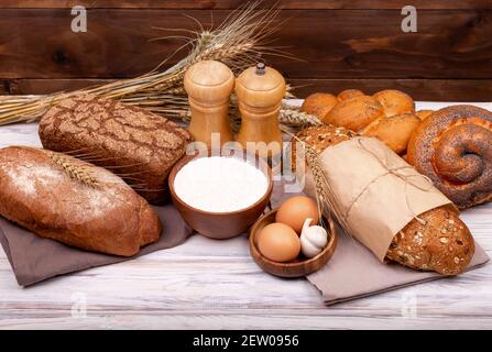 Various bread rolls. Healthy bread assortment. Bakery products. Stock Photo