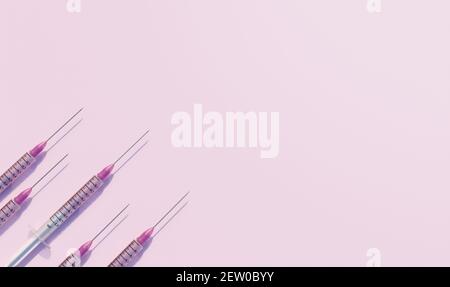 Creative medicinal pattern from syringes of pink background. Colorful concept of New Corona virus COVID-19 vaccine. Flat lay, top view, copy space. 3d Stock Photo