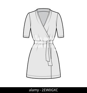 Wrap dress technical fashion illustration with deep V-neck, short sleeves, oversized, mini length, pencil cut, tie. Flat apparel template front, grey color style. Women, men unisex CAD mockup Stock Vector