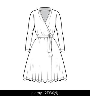 Wrap dress technical fashion illustration with deep V-neck, long sleeves, oversized, knee length, circular cut, tie. Flat apparel template front, white color style. Women, men unisex CAD mockup Stock Vector