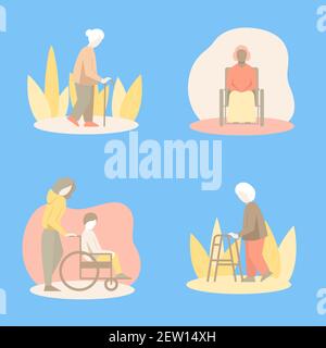 Old disabled women set in flat style. Elderly people using walking cane and walker. Volunteer helping old lady in the wheelchair. Vector illustration. Stock Vector