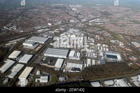 aerial view of Crewe in Cheshire, viewed from the east looking across the Gateway, Crewe Gates Industrial Estate in the foregorund Stock Photo