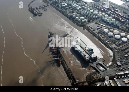 aerial view of two ferries (belonging to DFDS & Eukor) berthed at Immingham Docks Stock Photo