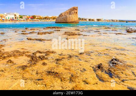 Salento coast: Torre Pali beach (Lecce). ITALY (Apulia).The low sandy coastline is characterized by dunes covered with Mediterranean scrub. Stock Photo