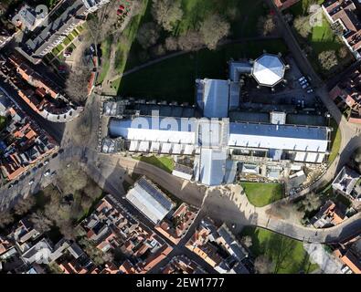 aerial view of York Minster (Cathedral and Metropolitical Church of Saint Peter) in York,looking plumb straight down from 1500' Stock Photo