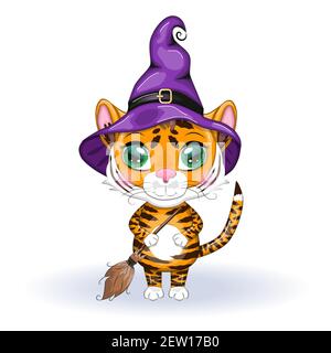 Cute cartoon tiger with beautiful eyes, orange in a purple cloak and witch's hat, with a broom and pumpkins. Halloween 2022 Stock Vector