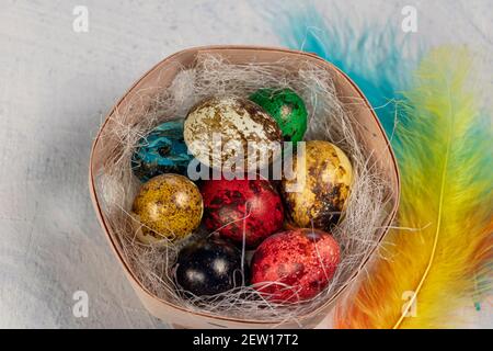 Colorful eggs in the nest. Eggs in nest and colored feathers. Happy Easter concept. Painted eggs in a nest with colored feathers on white background. Stock Photo