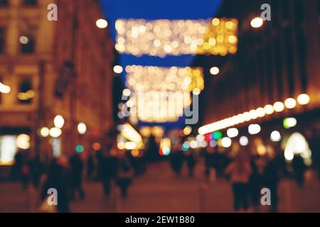 Defocused new year christmas festive lights and street illumination in Helsinki Stock Photo
