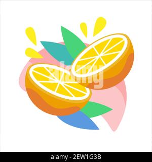 Citrus orange fruit icon with juicy drops and leaves. Orange half cutted. Illustration in isometric minimalistic style and trendy fashion color. Vecto Stock Vector