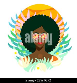 Beautiful african women portrait in sunglasses. Summer trendy image with black skin model girl cartoon character with huge afro hairstyle on tropical Stock Vector