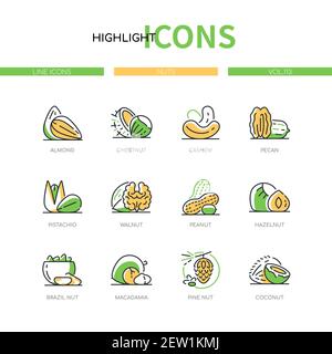 Nuts - modern line design style icons set. High quality images of fresh organic healthy food. Almond, chestnut, cashew, pecan, pistachio, walnut, pean Stock Vector