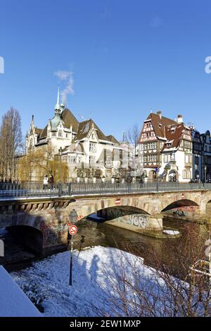 France, Bas Rhin, Strasbourg, Neustadt district dating from the german period listed as World Heritage by UNESCO, Lycee International (International high school) on river Ill Stock Photo