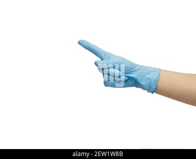 hand an invisible man in blue glove made of nitrile shows gesture of the palm Stock Photo