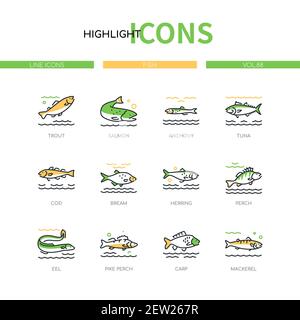 Fish - modern line design style icons set on white background. A collection of animals. Trout, salmon, anchovy, tuna, cod, bream, herring, eel, pike p Stock Vector