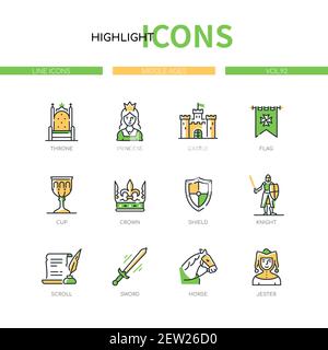 Middle ages - modern line design style icons set. Culture in medieval period, signs and symbols, history idea. Throne, princess, castle, flag, cup, cr Stock Vector