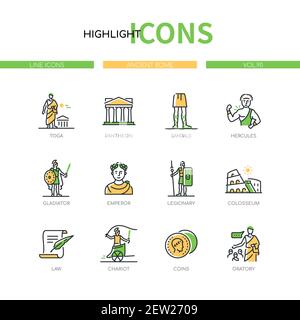 Ancient Rome - modern line design style icons set. Roman culture signs and symbols. Art, mythology and history idea. Toga, Pantheon, sandals, Hercules Stock Vector