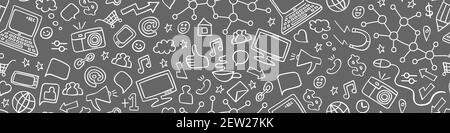 Social media doodles seamless horizontal border. White pictograms on gray background. Vector illustration. Stock Vector