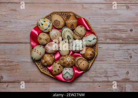 Colorful Easter Eggs in basket banner.Above view with copy space for text.Happy Easter decoration background,hand painted decorated eggs.Spring festiv Stock Photo