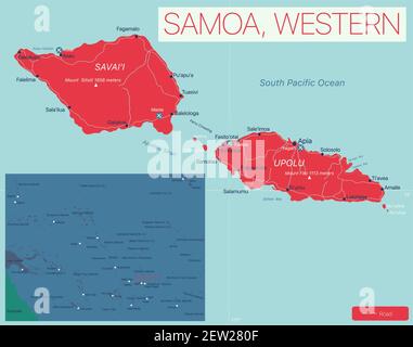 Western Samoa detailed editable map with cities and towns, geographic sites. Vector EPS-10 file Stock Vector