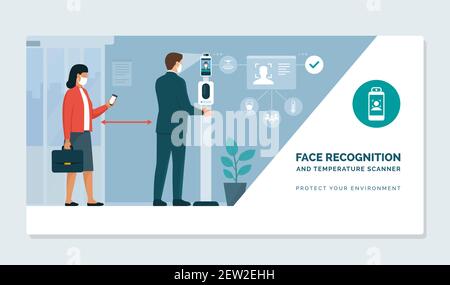 Business people standing in front of a thermal temperature measurement device: Face recognition, body temperature check and hand sanitizer Stock Vector