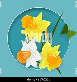 Origami, flowers with butterflies. Daffodils in a jug. Postcard for the holiday. Design for the holidays.... Stock Vector