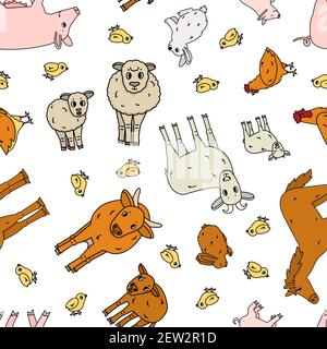 Seamless pattern of cute doodle outline vector cartoon animals at the farm. Sheep ram cow bull calf chicken rooster, goat mother and kid, pig small an Stock Vector