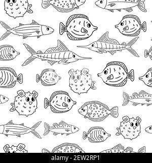 Seamless animal Doodle pattern isolated. Set of outline cartoon vector fish, tang, flounder, tuna, ocean burrfish, sea marlin. Black white illustratio Stock Vector