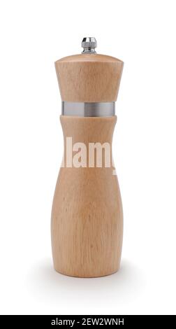 Wooden salt and pepper grinder isolated on white. Stock Photo