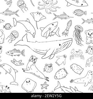 Black white seamless vector pattern of cartoon outline isolated sea ocean animals. Whale, dolphin, shark, stingray, jellyfish, fish, stars, crab, king Stock Vector