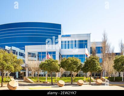 South San Francisco, CA, USA - February 24, 2021: Close up of Amgen corporate office, a biopharmaceutical company headquartered in Thousand Oaks, Cal Stock Photo