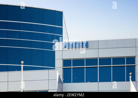 South San Francisco, CA, USA - February 24, 2021: Close up of Amgen corporate office, a biopharmaceutical company headquartered in Thousand Oaks, Cal Stock Photo