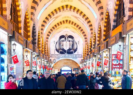 ISTANBUL - DEC 29: Interior of Egyptian Bazaar Egyptian market or spice market with people in Istanbul, December 29. 2019 in Turkey Stock Photo