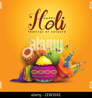 Happy Holi, poster, banner, template. Stylish text with holi elements. vector illustration design yellow background. Stock Vector