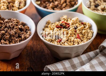 Various breakfast cereals. Morning granola in bowl. Stock Photo
