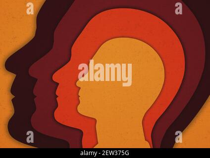 Concentric gender neutral human head silhouettes with a subtle fabric texture in different shades of orange and red Stock Photo