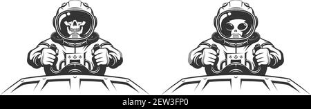 Alien space pilot in spacesuit at the helm of spaceship. Stock Vector