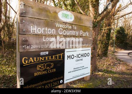 Entrance Horton Country park, Epsom Ewell Surrey 2021 February Winter Stock Photo