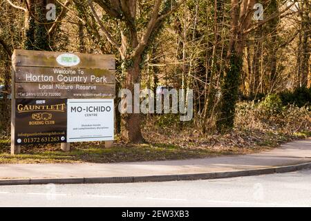 Entrance Horton Country park, Epsom Ewell Surrey 2021 February Winter Stock Photo