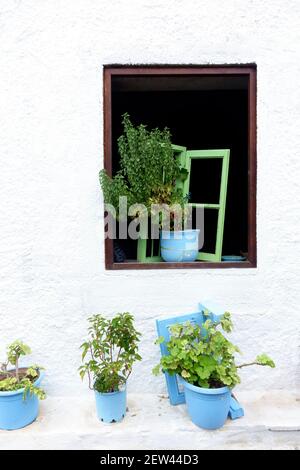 Open window of a white painted house with blue planters in Kefalos old town on the Greek island of Kos Stock Photo