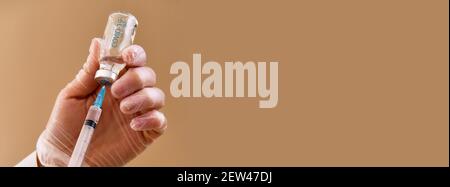 Horizontal image beige background, close up female nurse wear protective gloves hold syringe and vaccine vial dose against pandemic outbreak covid Stock Photo