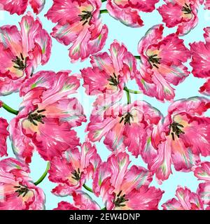Watercolor tulip flowers print. Watercolor illustration. Seamless pattern. High quality photo Stock Photo