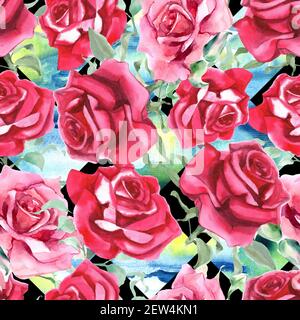 Watercolor pink and red roses. Seamless pattern. watercolor background. High quality illustration Stock Photo