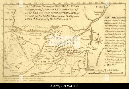 A 1730 map of the Iroquois Confederacy (also known as the Five Nations or the Iroquois League). Stock Photo