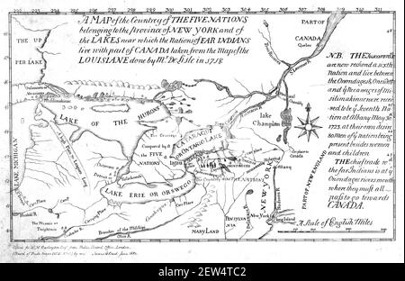 A 1730 map of the Iroquois Confederacy (also known as the Five Nations ...